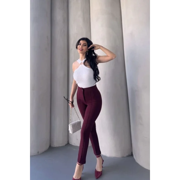 Kadın Krep Kumaş çimalı Yüksek Bel Pantolon