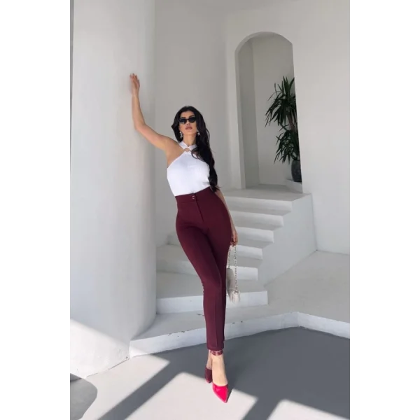 Kadın Krep Kumaş çimalı Yüksek Bel Pantolon