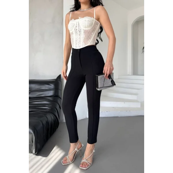 Kadın Krep Kumaş çimalı Yüksek Bel Pantolon