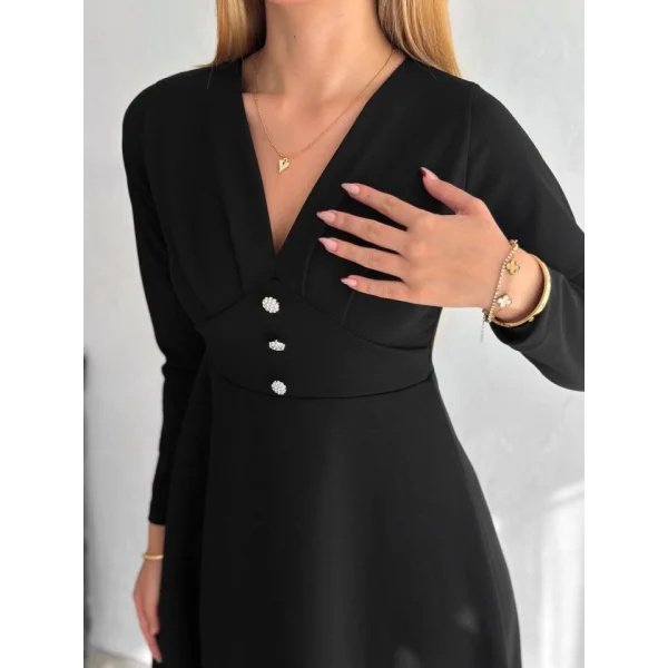 Kadın Krep Kumaş Düğme Detaylı V Yaka Uzun Kollu idi Boy Elbise