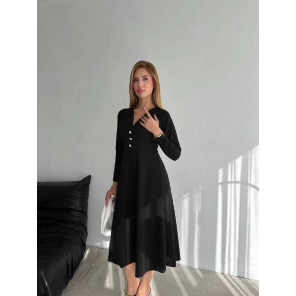 Kadın Krep Kumaş Düğme Detaylı V Yaka Uzun Kollu idi Boy Elbise
