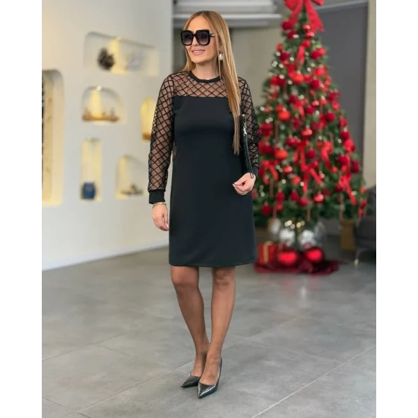 Kadın Krep Kumaş Flok Detaylı Elbise