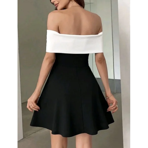 Kadın Krep Kumaş Omuzsuz Kloş Kesim Mini Elbise