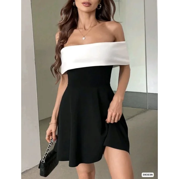 Kadın Krep Kumaş Omuzsuz Kloş Kesim Mini Elbise