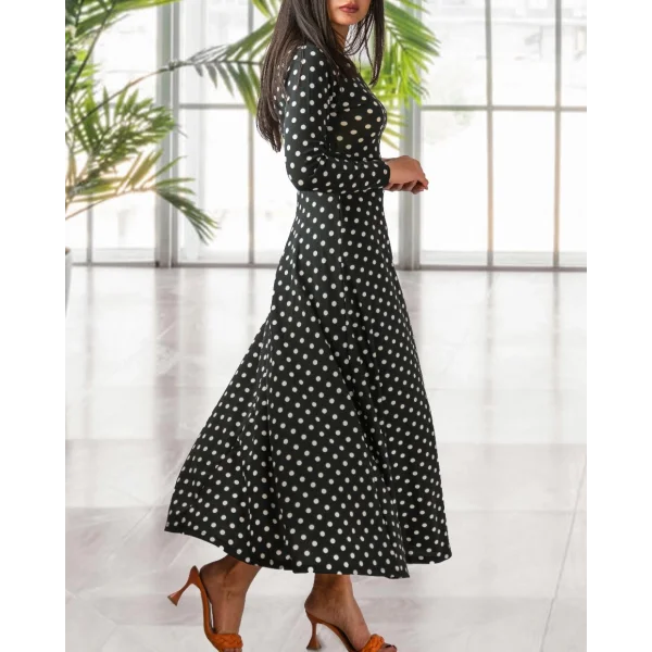 Kadın Krep Kumaş Uzun Kollu Tam Boy Puantiyeli Elbise 132 Cm