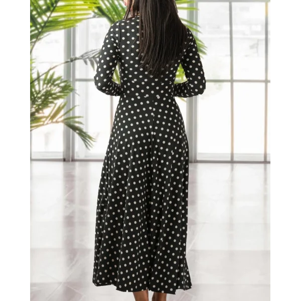 Kadın Krep Kumaş Uzun Kollu Tam Boy Puantiyeli Elbise 132 Cm