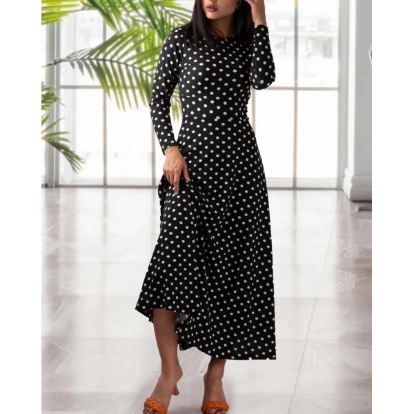 Kadın Krep Kumaş Uzun Kollu Tam Boy Puantiyeli Elbise 132 Cm