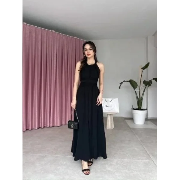 Kadın Krinkil Kumaş Beli Gipeli Halter Yaka Maxi Boy Elbise