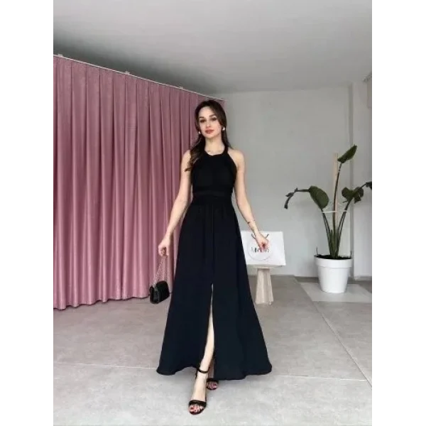 Kadın Krinkil Kumaş Beli Gipeli Halter Yaka Maxi Boy Elbise