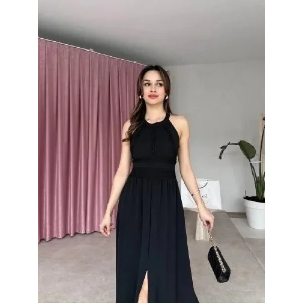Kadın Krinkil Kumaş Beli Gipeli Halter Yaka Maxi Boy Elbise