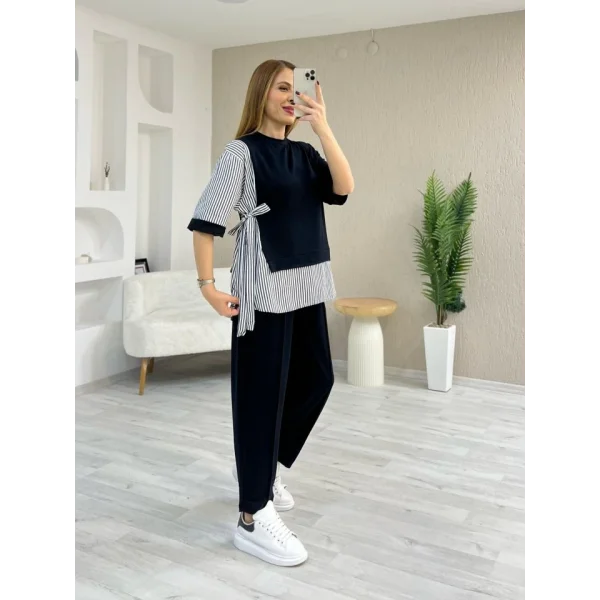 Kadın Kristal 2 Iplik Kumaş Yanları çizgili Takım