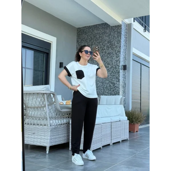 Kadın Kristal Kumaş Garnili Cep Detaylı Ikili Takım