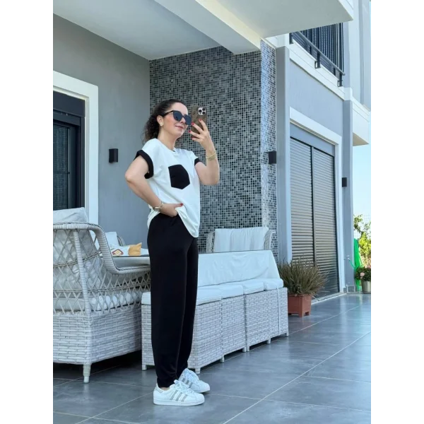 Kadın Kristal Kumaş Garnili Cep Detaylı Ikili Takım