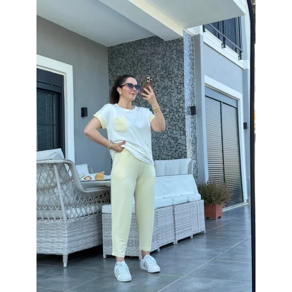 Kadın Kristal Kumaş Garnili Cep Detaylı Ikili Takım