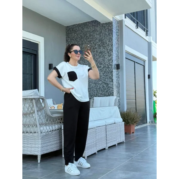 Kadın Kristal Kumaş Garnili Cep Detaylı Ikili Takım