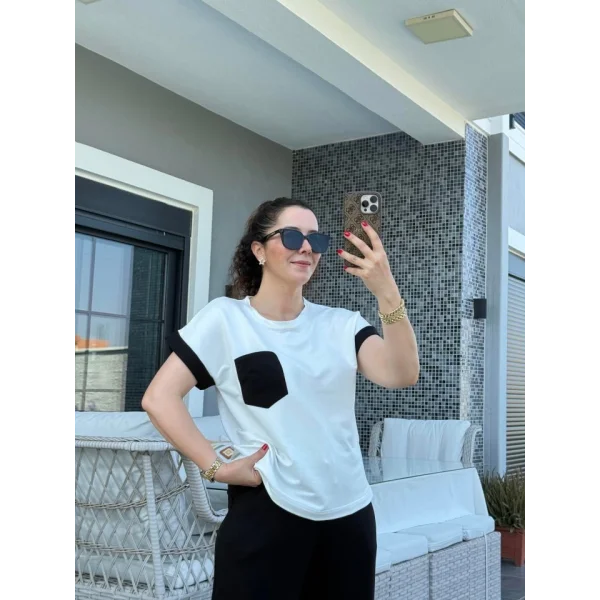 Kadın Kristal Kumaş Garnili Cep Detaylı Ikili Takım