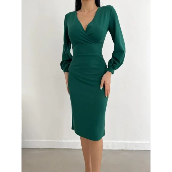 Kadın Kruvaze Yaka Balon Kol idi Boy Elbise