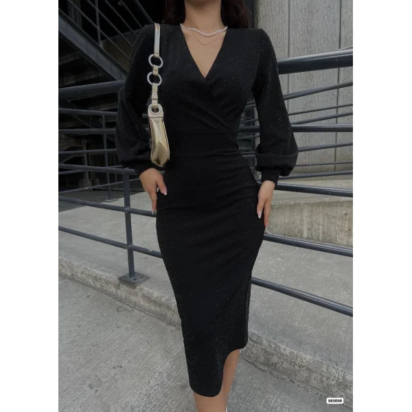 Kadın Kruvaze Yaka Balon Kol imli Krep Kumaş idi Boy Elbise