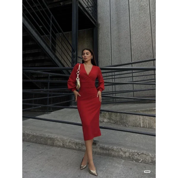 Kadın Kruvaze Yaka Balon Kol imli Krep Kumaş idi Boy Elbise