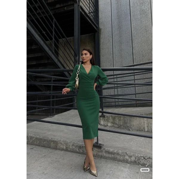 Kadın Kruvaze Yaka Balon Kol imli Krep Kumaş idi Boy Elbise