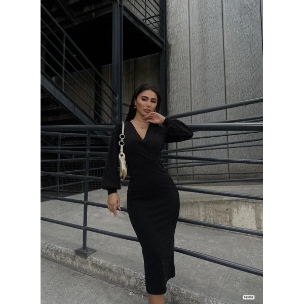 Kadın Kruvaze Yaka Balon Kol imli Krep Kumaş idi Boy Elbise