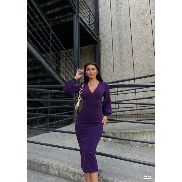 Kadın Kruvaze Yaka Balon Kol imli Krep Kumaş idi Boy Elbise