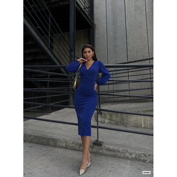 Kadın Kruvaze Yaka Balon Kol imli Krep Kumaş idi Boy Elbise