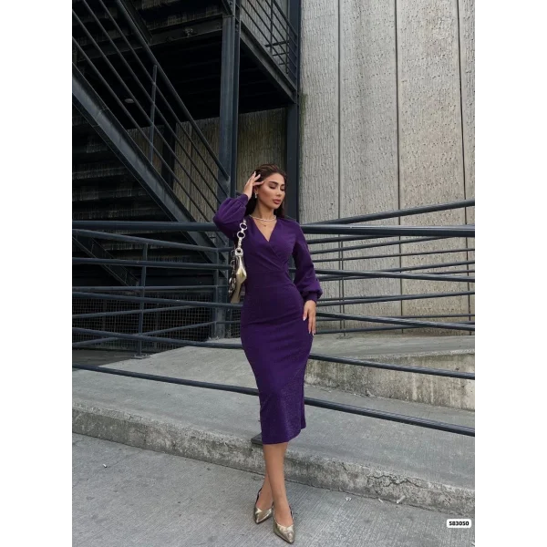 Kadın Kruvaze Yaka Balon Kol imli Krep Kumaş idi Boy Elbise