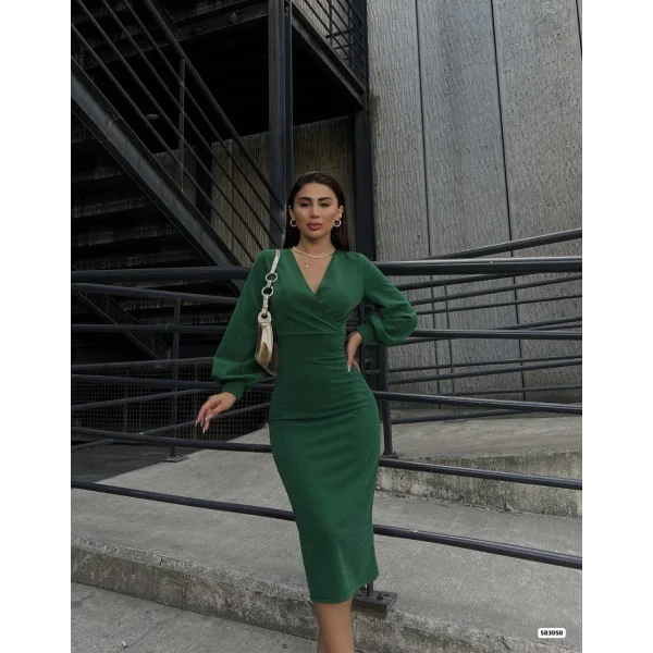 Kadın Kruvaze Yaka Balon Kol imli Krep Kumaş idi Boy Elbise