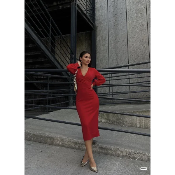 Kadın Kruvaze Yaka Balon Kol imli Krep Kumaş idi Boy Elbise