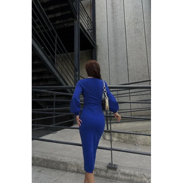 Kadın Kruvaze Yaka Balon Kol imli Krep Kumaş idi Boy Elbise