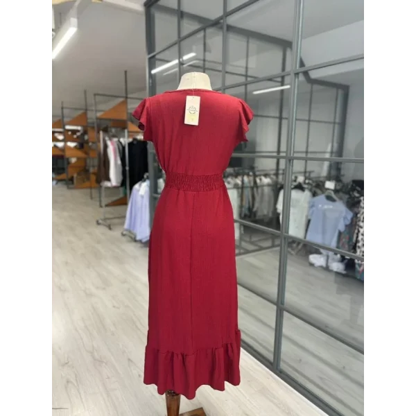 Kadın Kruvaze Yaka Beli Gipeli Bürümcük Kumaş Elbise