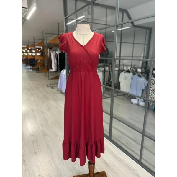 Kadın Kruvaze Yaka Beli Gipeli Bürümcük Kumaş Elbise