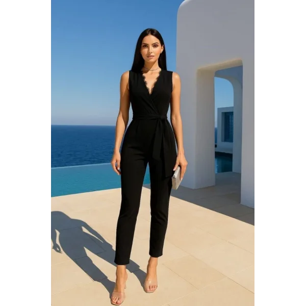 Kadın Kruvaze Yaka Dantel Güpür Ve Kuşak Detay Tulum