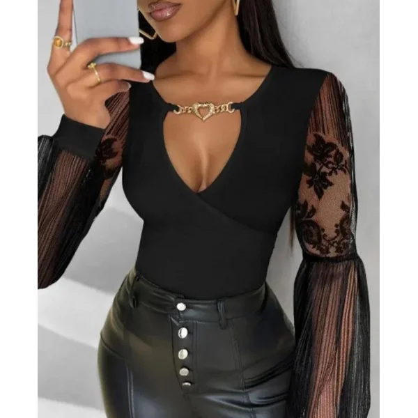 Kadın Kruvaze Yaka Derin Dekolteli Kolları Tül Detay Fırsat ürün Bluz