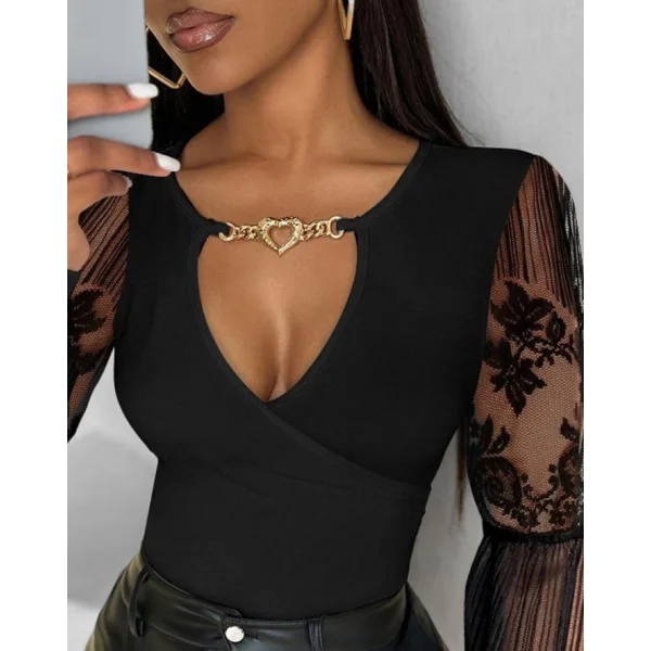 Kadın Kruvaze Yaka Derin Dekolteli Kolları Tül Detay Fırsat ürün Bluz
