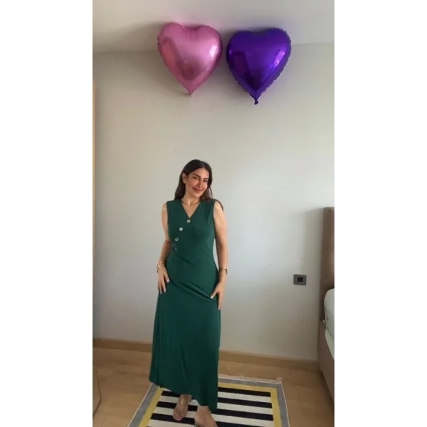 Kadın Kruvaze Yaka Düğme Detay Maxi Boy Elbise