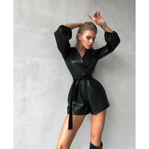 Kadın Kruvaze Yaka Full Deri Kuşak Dahil şort Tulum