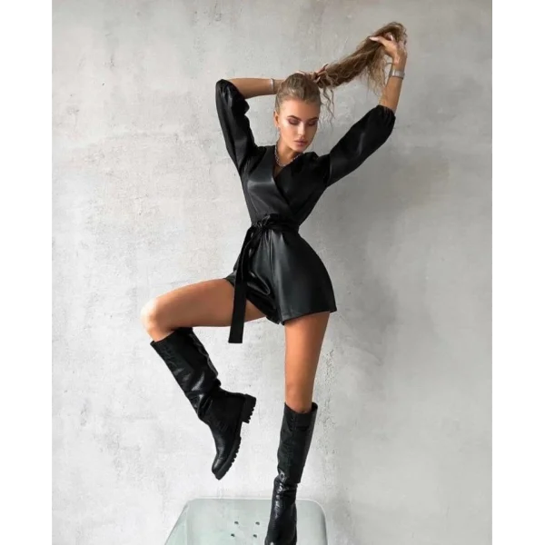 Kadın Kruvaze Yaka Full Deri Kuşak Dahil şort Tulum