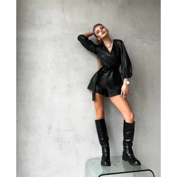 Kadın Kruvaze Yaka Full Deri Kuşak Dahil şort Tulum