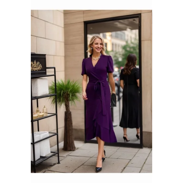 Kadın Kruvaze Yaka idi Boy Kuşaklı Krep Elbise 120 Cm