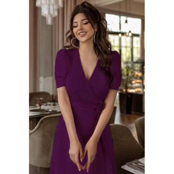 Kadın Kruvaze Yaka idi Boy Kuşaklı Krep Elbise 120 Cm