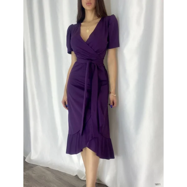 Kadın Kruvaze Yaka idi Boy Kuşaklı Krep Elbise 120 Cm