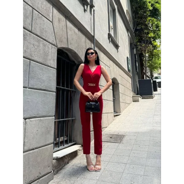 Kadın Kruvaze Yaka Kemer Detaylı Scuba Krep Tulum