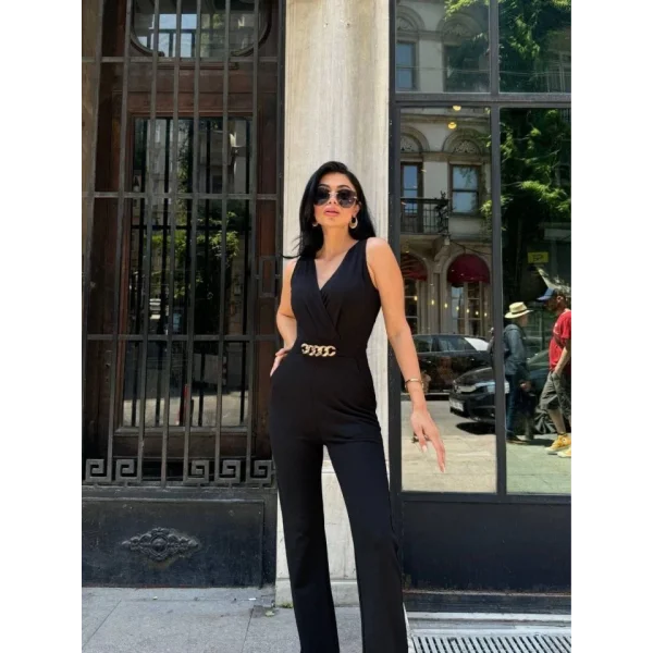 Kadın Kruvaze Yaka Kemer Detaylı Scuba Krep Tulum