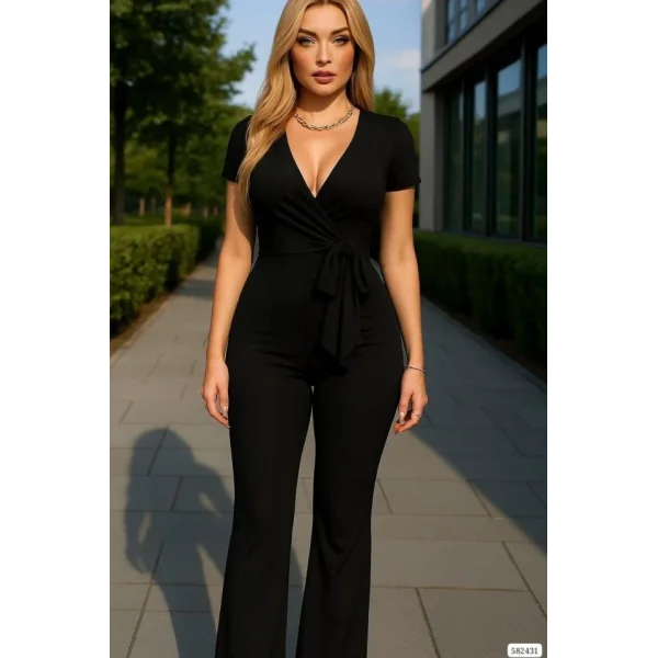 Kadın Kruvaze Yaka Kısa Kollu Kuşaklı Tulum