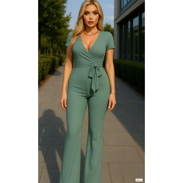 Kadın Kruvaze Yaka Kısa Kollu Kuşaklı Tulum