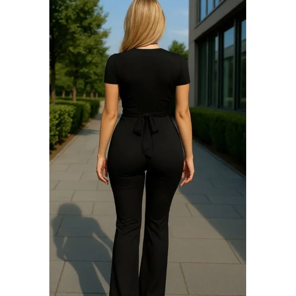 Kadın Kruvaze Yaka Kısa Kollu Kuşaklı Tulum