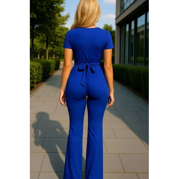 Kadın Kruvaze Yaka Kısa Kollu Kuşaklı Tulum