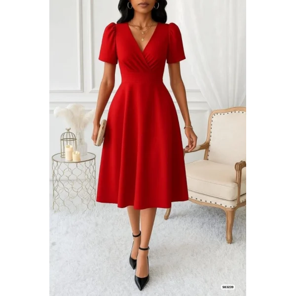 Kadın Kruvaze Yaka Kısa Kollu Midi Boy Krep Kumaş Elbise